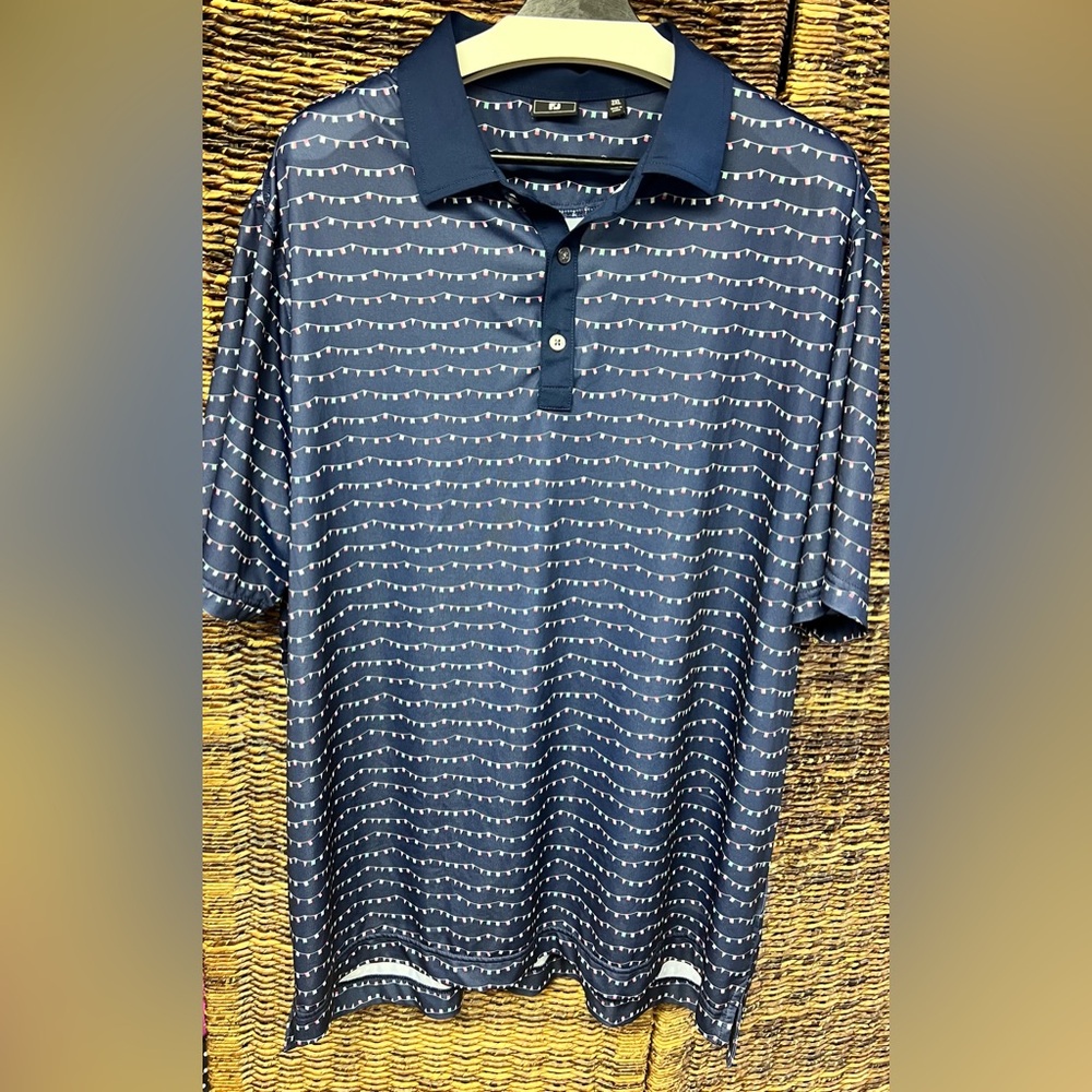FootJoy- Flag Banner Print,‎ Blue, Size:2XL, Mens Polo Shirt